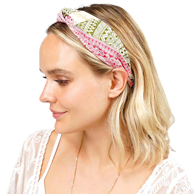 Coral Aztec Patterned Burnout Knot Headband, this headband with a beautiful Aztec pattern creates a natural look while perfectly matching your color with the easy-to-use knot headband. Adds a super neat and trendy knot to any boring style. Be the ultimate trendsetter wearing this chic headband with all your stylish outfits! 