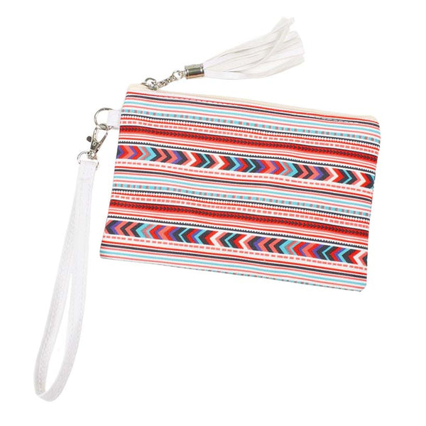 Coral Aztec Patterned Woven Wristlet Pouch Bag, you will look like the ultimate fashionista when carrying this Aztec patterned woven wristlet pouch bag. Perfect for carrying makeup, money, credit cards, keys or coins, etc. It's perfectly lightweight and simple, yet beautiful. It will be your new favorite accessory to hold onto all your necessary items. Easy to carry especially when you need hands-free and lightweight to run errands or a night out on the town.