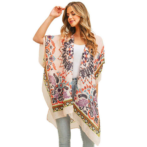 Bohemian Print Cover Up Kimono Poncho - Coral Black