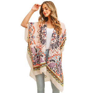 Coral Black Bohemian Print Cover Up Kimono Poncho. Lightweight and soft brushed fabric exterior fabric that make you feel more warm and comfortable. Cute and trendy Poncho for women .Great for dating, hanging out, daily wear, vacation, travel, shopping, holiday attire, office, work, outwear, fall, spring or early winter. Perfect Gift for Wife, Mom, Birthday, Holiday, Anniversary, Fun Night Out.