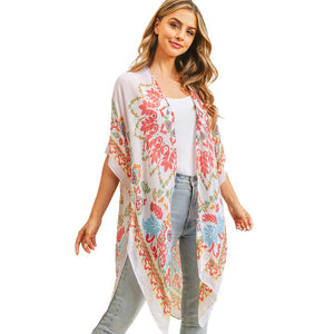 Coral Bohemian Print Cover Up Kimono Poncho. Lightweight and soft brushed fabric exterior fabric that make you feel more warm and comfortable. Cute and trendy Poncho for women .Great for dating, hanging out, daily wear, vacation, travel, shopping, holiday attire, office, work, outwear, fall, spring or early winter. Perfect Gift for Wife, Mom, Birthday, Holiday, Anniversary, Fun Night Out.