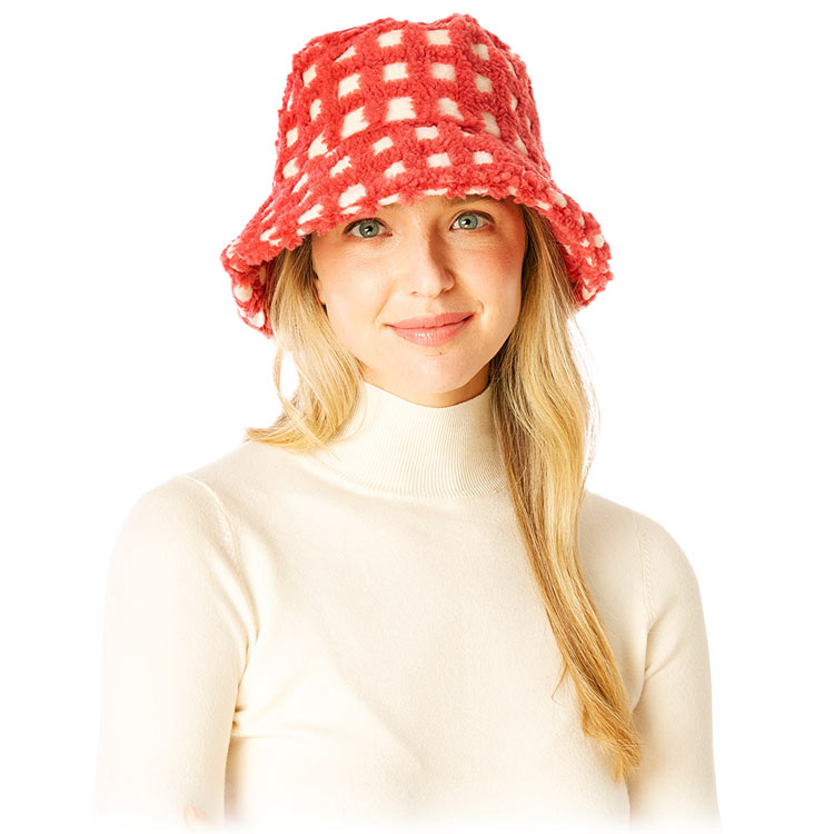 Coral Check Patterned Faux Fur Bucket Hat, show your trendy side with this Faux Fur Bucket Hat. Adds a great accent to your wardrobe. This elegant, timeless & classic Bucket Hat looks fashionable. Perfect for a bad hair day, or simply casual everyday wear.  Accessorize the fun way with this bucket hat. It's the autumnal touch you need to finish your outfit in style. Awesome winter gift accessory for that fashionable on-trend friend.