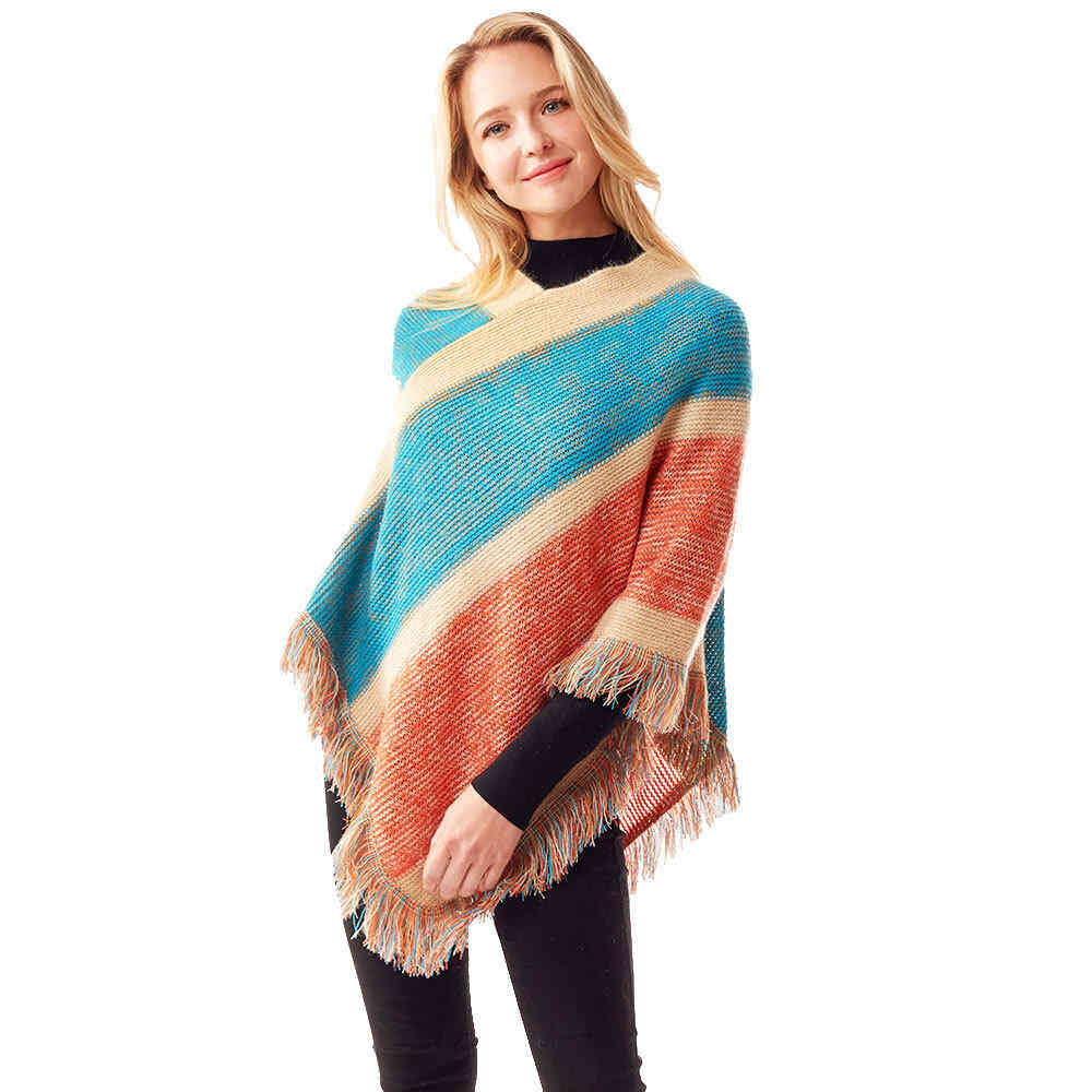 Coral Colorful Vertical Stripe Patterned Poncho Faux Fur Outwear, the perfect accessory, luxurious, trendy, super soft chic capelet, keeps you warm & toasty. You can throw it on over so many pieces elevating any casual outfit! Perfect Gift Birthday, Holiday, Christmas, Anniversary, Wife, Mom, Special Occasion