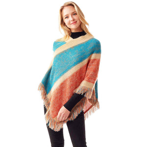 Coral Colorful Vertical Stripe Patterned Poncho Faux Fur Outwear, the perfect accessory, luxurious, trendy, super soft chic capelet, keeps you warm & toasty. You can throw it on over so many pieces elevating any casual outfit! Perfect Gift Birthday, Holiday, Christmas, Anniversary, Wife, Mom, Special Occasion
