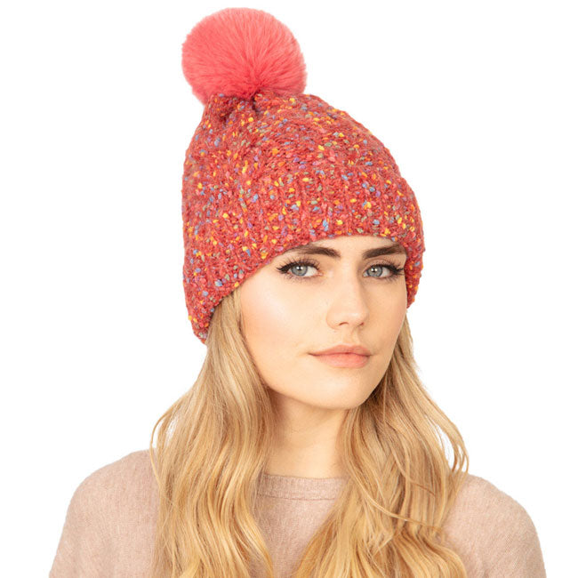 Coral Confetti Cable Knit Pom Pom Beanie Warm Winter Hat; before running out the door into the cool air, you’ll want to reach for this toasty beanie to keep you incredibly warm. Accessorize the fun way with this faux fur pom pom hat, it's the autumnal touch you need to finish your outfit in style. Awesome winter gift accessory! Perfect Gift Birthday, Christmas, Stocking Stuffer, Secret Santa, Holiday, Anniversary, Valentine's Day, Loved One