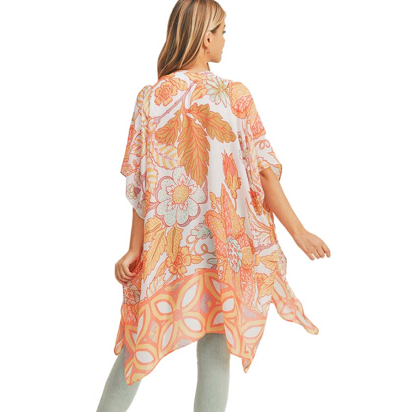 Coral Flower Leaf Print Cover-Up Kimono Poncho, Absolutely fab for this summer & spring season to amp up your attire & make you comfortable in dressing up. These kimonos feature a beautiful flower leaf pattern that is easy to pair with so many tops. Lightweight and breathable fabric, comfortable to wear.
