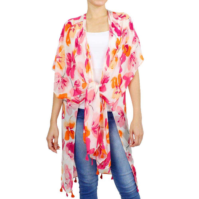 Coral Flower Printed Cover Up Kimono Poncho, These Poncho featuring a flower printed design prints easy to pair with so many tops. Lightweight and Breathable Fabric, Comfortable to Wear. Suitable for Weekend, Work, Holiday, Beach, Party, Club, Night, Evening, Date, Casual and Other Occasions in Spring, Summer and Autumn.