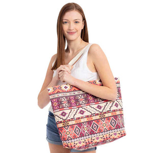 Coral Multi Purple Aztec Pattern Tote Bag, This tote bag is versatile enough for wearing through the week, simple and leisurely, elegant and fashionable, suitable for women of all ages, and ultra-lightweight to carry around all day. The interior has enough capacity for keys, phones, cards, sunglasses, purses, lipsticks, books, and water bottles. This Aztec pattern tote bag can hold up all your daily necessities. 