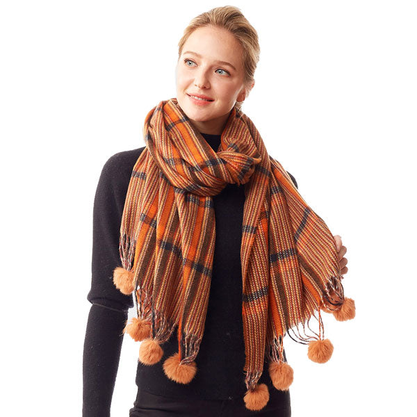 Coral Plaid Check Patterned Pom Pom Oblong Scarf, accent your look with this soft, highly versatile plaid scarf. A rugged staple brings a classic look, adds a pop of color & completes your outfit, keeping you cozy & toasty. Perfect Gift Birthday, Holiday, Christmas, Anniversary, Valentine's Day