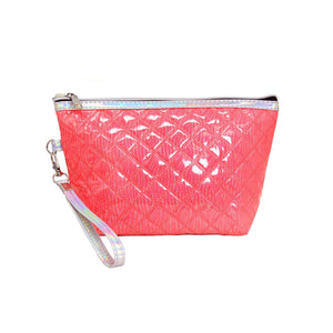 Coral Quilted Shiny Puffer Pouch Bag, small colorful shiny puffer pouch bag, perfect for money, credit cards, keys or coins, comes with a wristlet for easy carrying, light and simple. Put it in your bag and find it quickly with it's bright colors. Great for running small errands while keeping your hands free. 