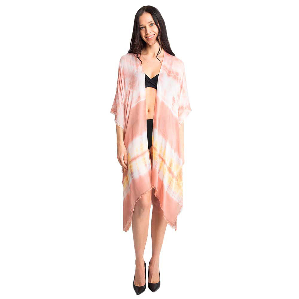 Coral Tie Dye Cover Up Kimono Poncho, These Beach Poolside chic is made easy with this lightweight cover-up featuring tonal line and a relaxed silhouette, look perfectly breezy and laid-back as you head to the beach. Also an accessory easy to pair with so many tops! From stylish layering camis to relaxed tees, you can throw it on over so many pieces elevating any casual outfit! Great gift idea for your loving one.