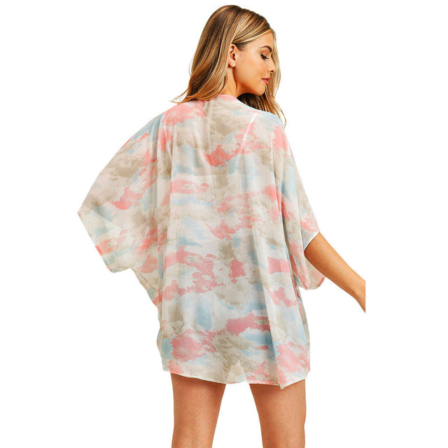 Coral Trendy Tie Dye Cover Up Kimono Poncho, The lightweight poncho top is made of soft and breathable Polyester material. short sleeve swimsuit cover up with open front design, simple basic style, easy to put on and down. look perfectly breezy and laid-back as you head to the beach. Suitable for Work, Holiday, Beach, Date, Casual and Other Occasions in Spring, Summer and Autumn. Perfect Gift for Wife, Birthday, Holiday, Anniversary, Fun Night Out.