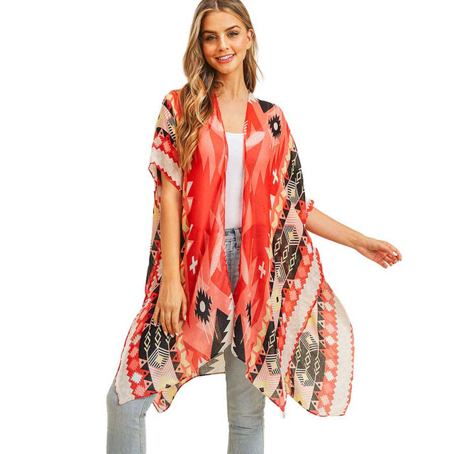 Coral Tribal Patterned Cover Up Kimono Poncho. This timeless Kimono Poncho is Soft, Lightweight and Breathable Fabric, Comfortable to Wear. Sophisticated, flattering and cozy, this Poncho drapes beautifully for a relaxed, pulled-together look. Suitable for Weekend, Work, Holiday, Beach, Party, Club, Night, Evening, Date, Casual and Other Occasions in Spring, Summer and Autumn.