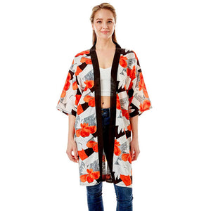 Coral Tropical Printed Half Sleeves Cover Up Kimono Poncho, on trend & fabulous, a luxe addition to any weather ensemble. The perfect accessory, luxurious, trendy, super soft chic capelet, keeps you warm and toasty. You can throw it on over so many pieces elevating any casual outfit! Perfect Gift for Wife, Mom, Birthday, Holiday, Anniversary, Fun Night Out.