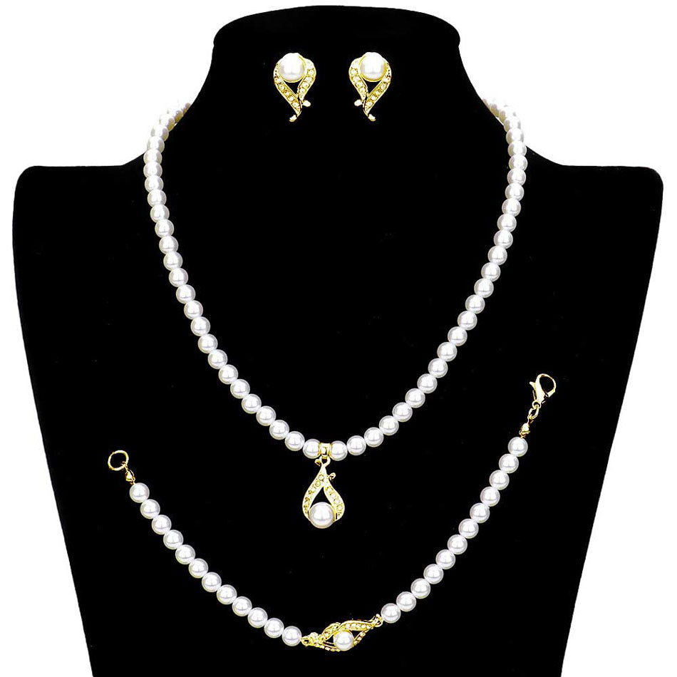 Cream 3PCS Crystal detail pearl strand necklace jewelry set, These Necklace jewellery sets are Elegant. Beautifully crafted design adds a gorgeous glow to any outfit.  Perfect for adding just the right amount of shimmer & shine and a touch of class to special events. Suitable for wear Party, Wedding, Date Night or any special events. Perfect Birthday, Anniversary, Prom Jewelry, Thank you Gift. 