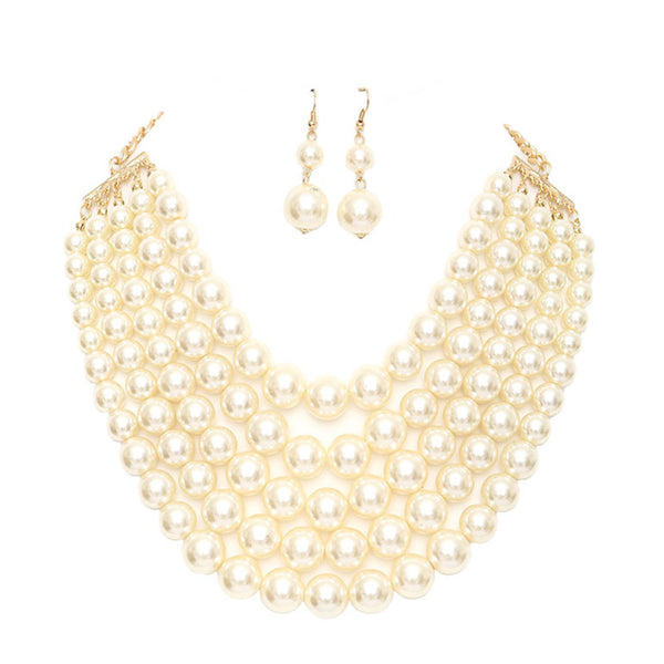 Cream Chunky Multi Strand Pearl Bib Necklace, dare to dazzle with this bejeweled necklace set, designed to accent the neckline, including dangle earrings, which are a perfect way to add sparkle to everything, showing off your elegance. Wear together or separate according to your event. Perfect Gift, Birthday, Anniversary, Prom, Mother's Day Gift, Sweet 16, Wedding, Quinceanera. 