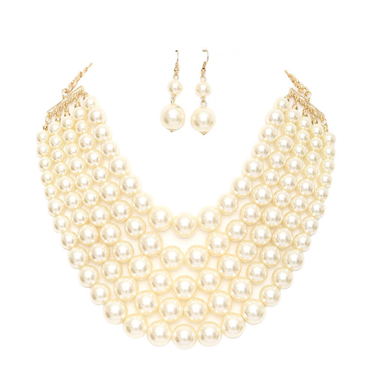 Cream Chunky Multi Strand Pearl Bib Necklace, dare to dazzle with this bejeweled necklace set, designed to accent the neckline, including dangle earrings, which are a perfect way to add sparkle to everything, showing off your elegance. Wear together or separate according to your event. Perfect Gift, Birthday, Anniversary, Prom, Mother's Day Gift, Sweet 16, Wedding, Quinceanera. 