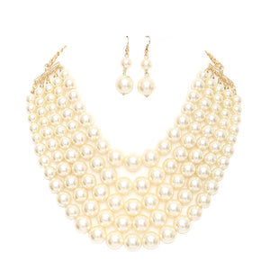 Cream Chunky Multi Strand Pearl Bib Necklace, dare to dazzle with this bejeweled necklace set, designed to accent the neckline, including dangle earrings, which are a perfect way to add sparkle to everything, showing off your elegance. Wear together or separate according to your event. Perfect Gift, Birthday, Anniversary, Prom, Mother's Day Gift, Sweet 16, Wedding, Quinceanera. 