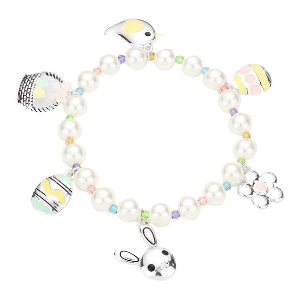 Cream Enamel Easter Bunny Egg Bird Flower Charm Pearl Stretch Bracelet. Get ready with these bright stunning fashion bracelets, put on a pop of shine to complete your ensemble. Perfect for adding just the right amount of shimmer and a touch of class to special events. These classy bracelets are perfect for Party, Wedding and Evening. Awesome gift for birthday, Anniversary, Valentine’s Day or any special occasion.