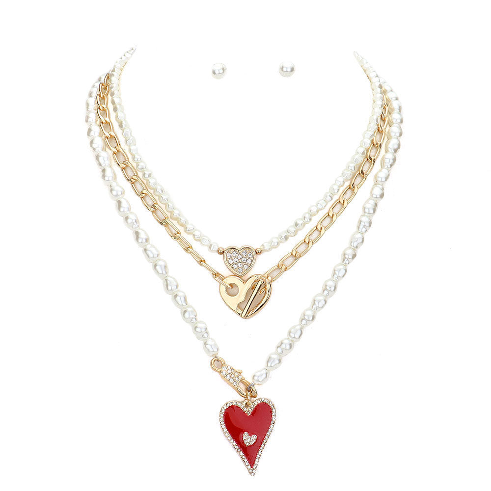 Cream Enamel Rhinestone Embellished Metal Heart Pendant Pearl Necklaces. Beautifully crafted design adds a gorgeous glow to any outfit. Jewelry that fits your lifestyle! Perfect Birthday Gift, Anniversary Gift, Mother's Day Gift, Anniversary Gift, Graduation Gift, Prom Jewelry, Just Because Gift, Thank you Gift.