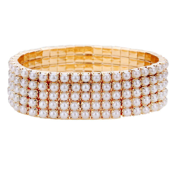 White Five Row Pearl Stretch Bracelet, Get ready with these bright Bracelet, put on a pop of color to complete your ensemble. Perfect for adding just the right amount of shimmer & shine and a touch of class to special events. Perfect Birthday Gift, Anniversary Gift, Mother's Day Gift, Graduation Gift.