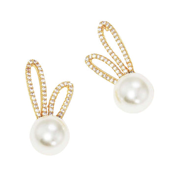 Cream Gold Dipped CZ Pearl Rabbit Stud Earrings, ideal for parties, weddings, graduation, holidays, pair these stud back earrings, add just the right amount of shine and you‚Äôve got a look that‚Äôs polished to perfection. These earrings pair perfectly with any ensemble from business casual, to night out on the town or a black tie party.