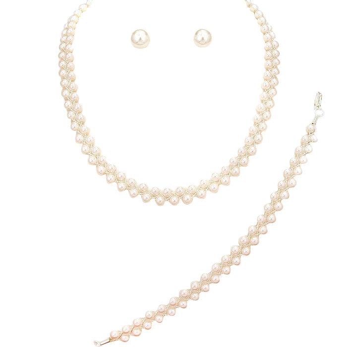 Cream Gold 3PCS Braided Chain Pearl Necklace Jewelry Set, These Necklace jewelry sets are Elegant. Beautifully crafted design adds a gorgeous glow to any outfit. Get ready with these Pearl Necklace and a bright Bracelet. Perfect for adding just the right amount of shimmer & shine and a touch of class to special events. Suitable for wear Party, Wedding, Date Night or any special events. Perfect Birthday, Anniversary, Prom Jewelry, Thank you Gift. 