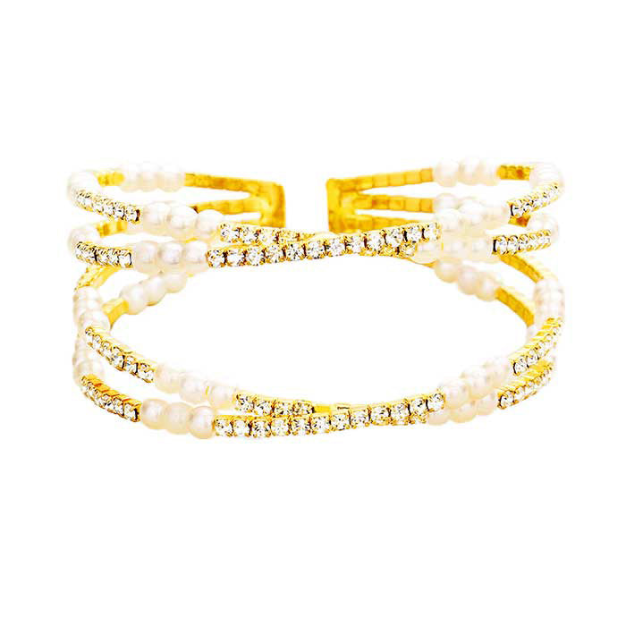 Cream Gold Crisscross Crystal Rhinestone Pave Pearl Cuff Bracelet, Get cuffed with glitz & glam in this rhinestone cuff bracelet! Look as regal on the outside as you feel on the inside, create that mesmerizing look you have been craving for!  Can go from the office to after-hours with ease, adds a sophisticated glow to any outfit. Sparkling round glass crystals, stylish cuff bracelet that is easy to put on, take off and comfortable to wear. Perfect gift for your loved one.
