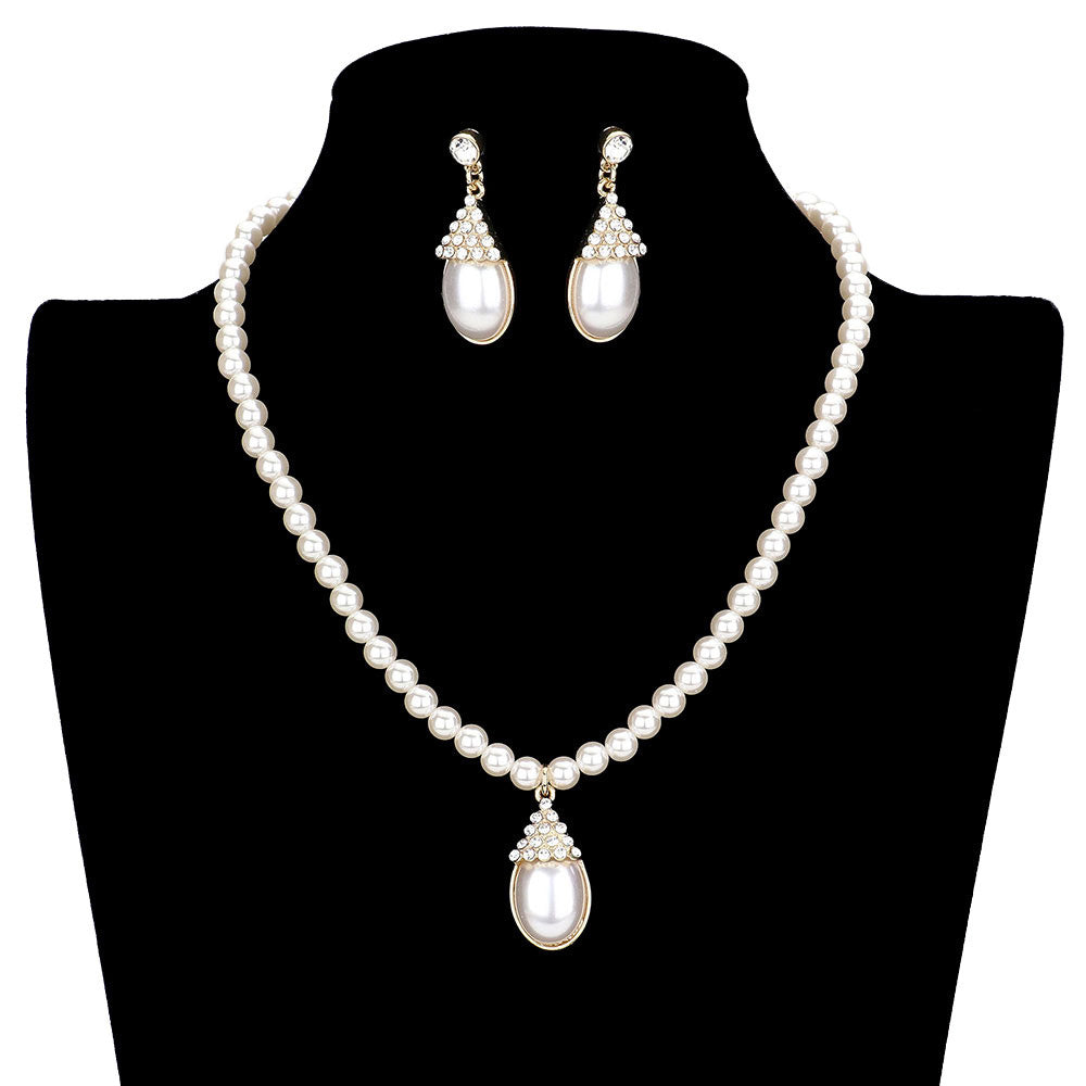 Cream Gold Crystal Pave Teardrop Pearl Pendant Necklace, Wear a pop of shine to complete your ensemble with a classy style. The perfect accessory for adding just the right amount of shimmer and a touch of class to special events. The elegance of these pearls goes unmatched, great for wearing at a party or any occasion! These classy necklaces are perfect for parties, weddings, evenings, and even everyday wear.