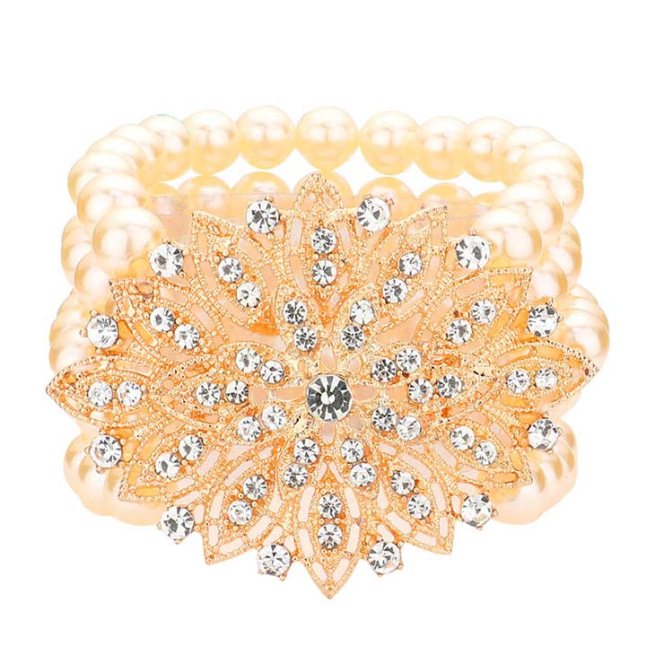 Cream Gold Flower Rhinestone Pave Pearl Stretch Bracelet, these rhinestone stretch bracelets adds an extra glow to your outfit to make you more gorgeous. Pair these with a tee and jeans and you are perfectly good to go. The jewelry that fits your lifestyle with ultimate and trendy fashion! It will be your new favorite go-to accessory. A perfect jewelry gift to expand a woman's fashion wardrobe with a classic, timeless style.