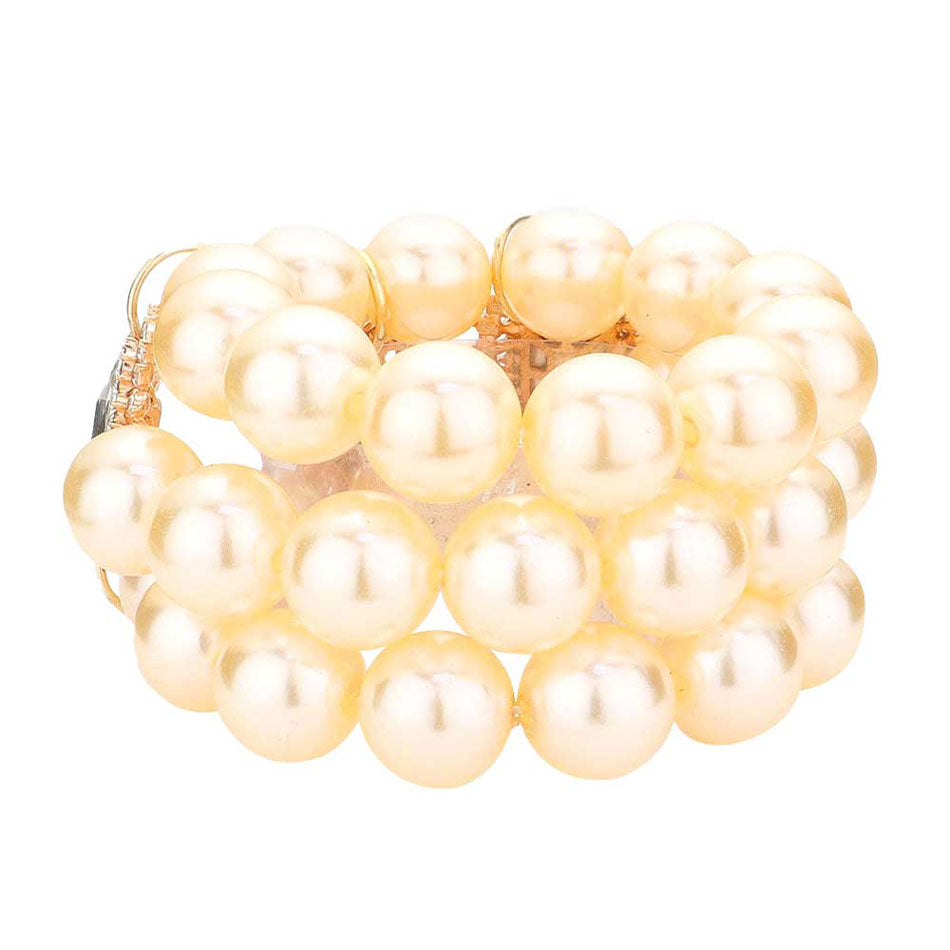 Cream Gold Glass Stone Accented Pearl Stretch Bracelet. This pearl stretch Bracelet sparkles all around with it's surrounding glass stones, stylish evening bracelet that is easy to put on, take off and comfortable to wear. It looks stylish and is just the right touch to set off your dress. Suitable for Night Out, Party, Formal, Special Occasion, Date Night, Prom.