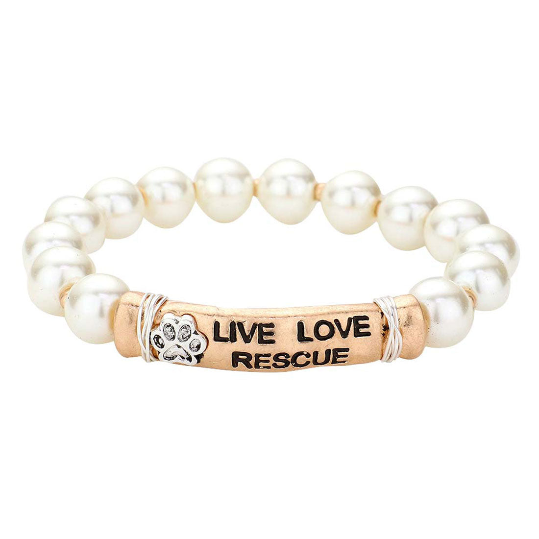 Cream Gold Live Love Rescue Message Pearl Stretch Bracelet. A stunning Pearl bracelet is sure to get you noticed and adds a gorgeous glow to any outfit. Cute pearl stretch and subtle sleek style, are just what you need to update your wardrobe. perfect for a night out on the town or a black tie party, ideal for festive Occasion, Prom or an Evening out. Awesome gift for birthday, anniversary, Valentine’s Day, or any special occasion, Thank you, Gift. 