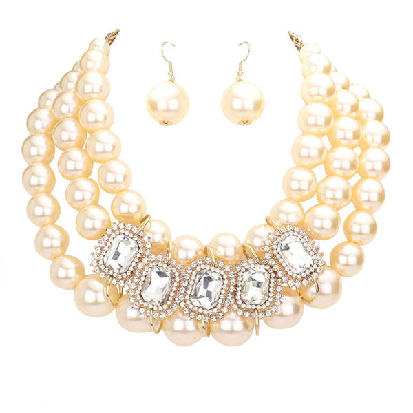 Cream Gold Rhinestone Pave Stone Accented Pearl Necklace. These gorgeous Pearl pieces will show your class in any special occasion. Look like the ultimate fashionista with these Necklace! Add something special to your outfit this season! Special It will be your new favorite accessory.The elegance of these pearl goes unmatched, great for wearing at a party! Perfect jewelry to enhance your look. Awesome gift for birthday, Anniversary, Valentine’s Day or any special occasion.