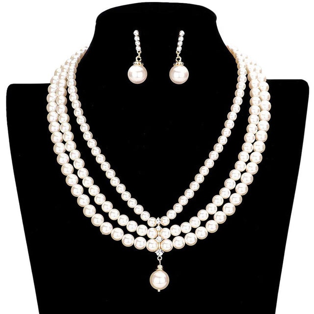 Cream Gold Triple Layered Pearl Necklace. Beautifully crafted design adds a gorgeous glow to any outfit. Get ready with these Pearl Necklace. Perfect for adding just the right amount of shimmer & shine and a touch of class to special events.  Suitable for wear Party, Wedding, Date Night or any special events. Perfect Birthday Gift, Anniversary Gift, Thank you Gift or any special occasion.