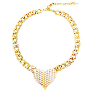 Cream Heart Rhinestone Pave Chunky Metal Chain Necklace, Get ready with these Metal Chain  Necklace, put on a pop of color to complete your ensemble. Perfect for adding just the right amount of shimmer & shine and a touch of class to special events. Perfect Birthday Gift, Anniversary Gift, Mother's Day Gift, Graduation Gift.