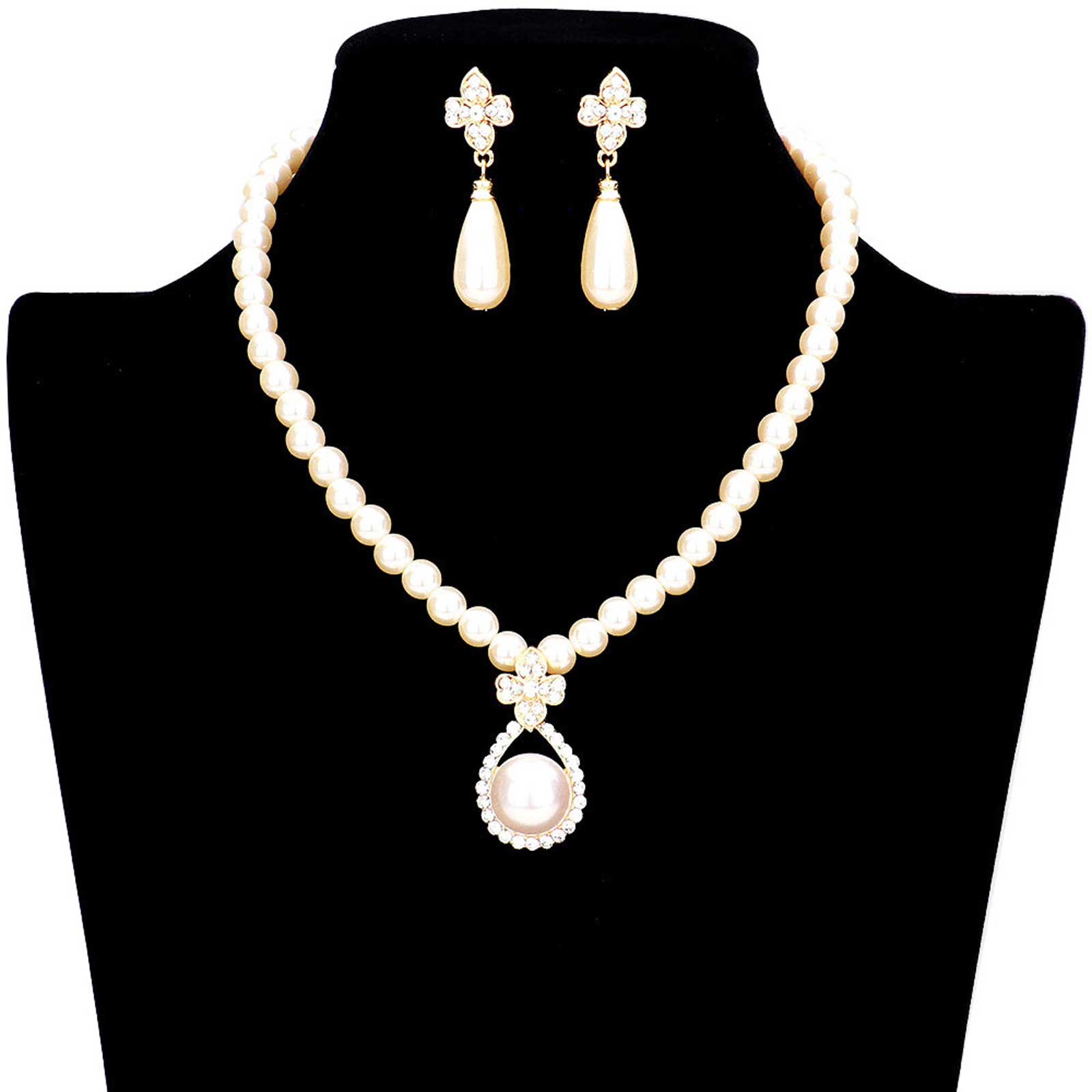 Cream Pearl Centered Rhinestone Trimmed Teardrop Accented Necklace, put on a pop of color to complete your ensemble. Perfect for adding just the right amount of shimmer & shine and a touch of class to special events. Perfect Birthday Gift, Anniversary Gift, Mother's Day Gift, Graduation Gift, Valentine’s Gift.