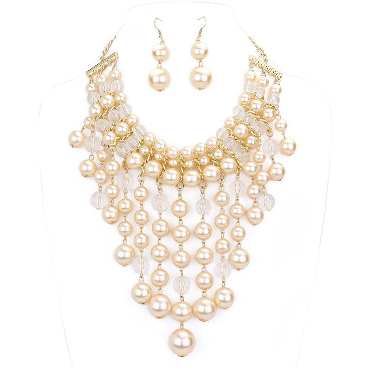 Cream Pearl Lucite Bead Fringe Statement Necklace. Beautifully crafted design adds a gorgeous glow to any outfit. Jewelry that fits your lifestyle! Perfect for adding just the right amount of shimmer & shine and a touch of class to special events. Perfect Birthday Gift, Anniversary Gift, Mother's Day Gift, Valentine's Day Gift, Just Because Gift, Thank you Gift.