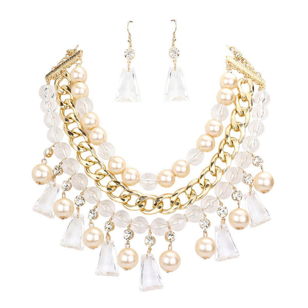 Cream Pearl Lucite Bead Statement Necklace. These gorgeous Pearl pieces will show your class in any special occasion. The elegance of these pearl goes unmatched, great for wearing at a party! Perfect jewelry to enhance your look. Awesome gift for birthday, Anniversary, Valentine’s Day or any special occasion.