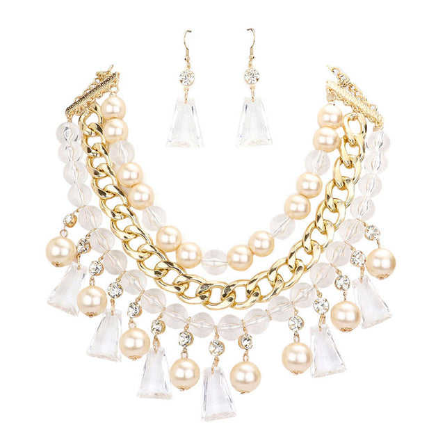 Cream Pearl Lucite Bead Statement Necklace. These gorgeous Pearl pieces will show your class in any special occasion. The elegance of these pearl goes unmatched, great for wearing at a party! Perfect jewelry to enhance your look. Awesome gift for birthday, Anniversary, Valentine‚Äôs Day or any special occasion.