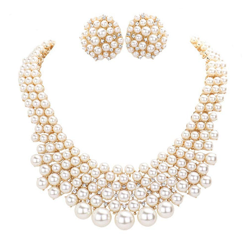 Rhinestone Embellished Pearl Cluster Necklace - Cream