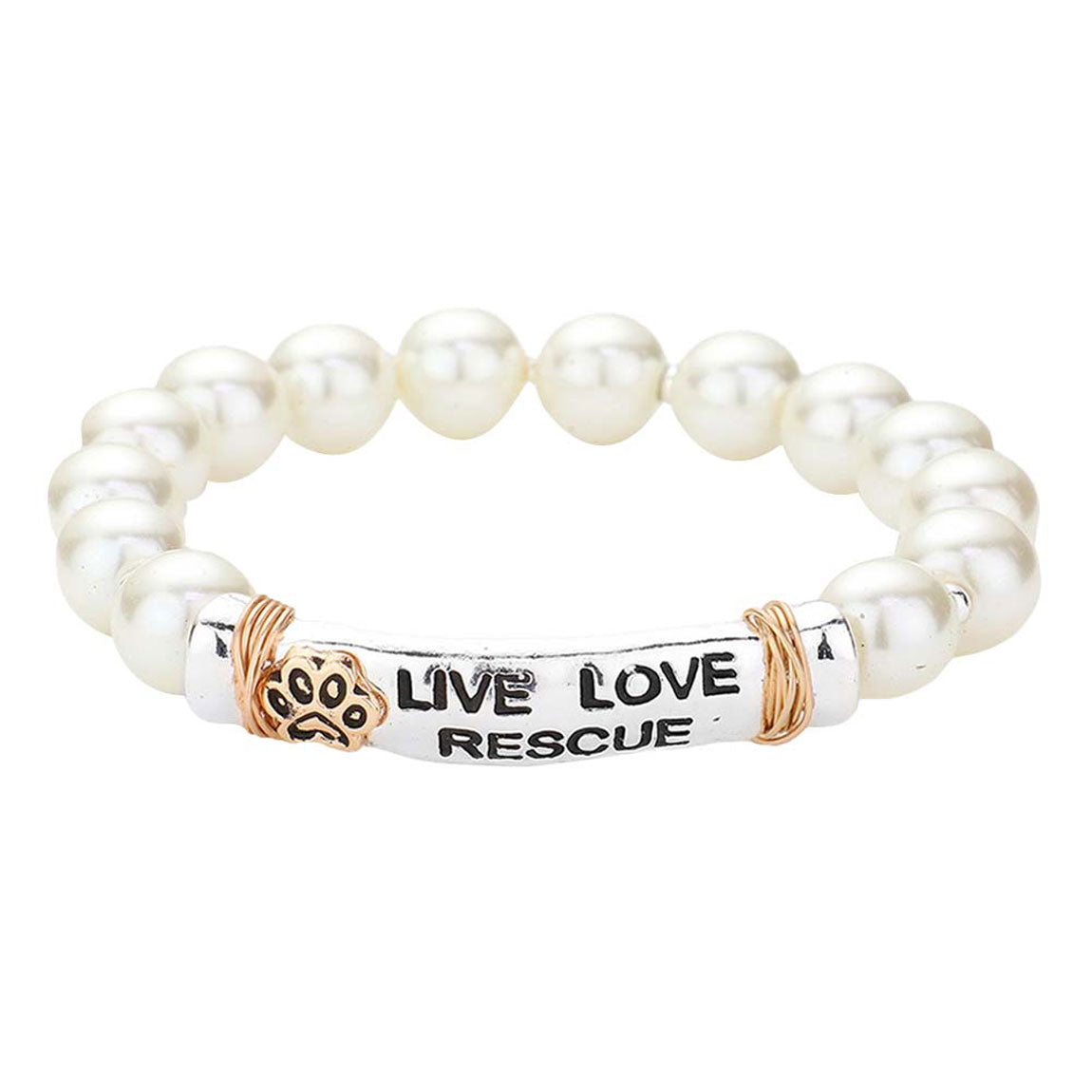 Cream Silver Live Love Rescue Message Pearl Stretch Bracelet. A stunning Pearl bracelet is sure to get you noticed and adds a gorgeous glow to any outfit. Cute pearl stretch and subtle sleek style, are just what you need to update your wardrobe. perfect for a night out on the town or a black tie party, ideal for festive Occasion, Prom or an Evening out. Awesome gift for birthday, anniversary, Valentine’s Day, or any special occasion, Thank you, Gift. 
