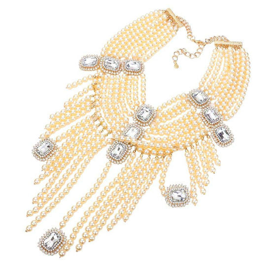 Cream Stone Accented Pearl Fringe Statement Necklace, stunning jewelry set will sparkle all night long making you shine out like a diamond. simple sophistication makes a standout addition to your collection designed to accent the neckline adds a gorgeous stylish glow to any outfit style, jewelry that fits your lifestyle! Perfect Birthday Gift, Valentine's Day Gift, Anniversary Gift, Mother's Day Gift, Just Because Gift.