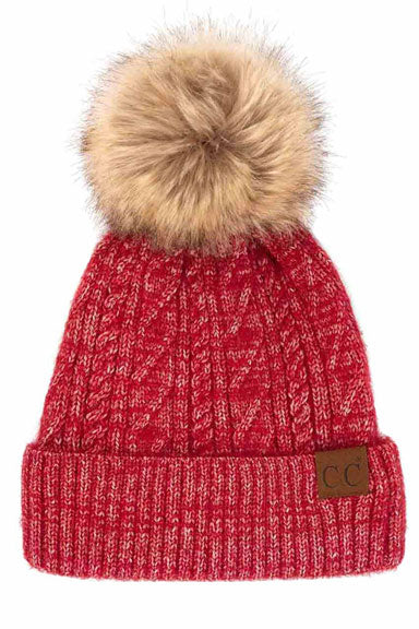 Crimson C.C Woven Cable Stitch Cuff Beanie With Soft Color Fur Pom, wear this beautiful Beanie Hat while going outdoor and keep yourself warm and stylish. The color variation makes the Hat suitable for everyone's choice. It feels cozy and a perfect match with any type of outfit. It's a perfect winter gift accessory for birthdays, Christmas, stocking stuffers, secret Santa, holidays, anniversaries.