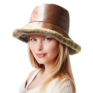 Dark Brown Faux Fur Inside Brim Solid Bucket Hat, This solid Faux Fur bucket hat is nicely designed and a great addition to your attire. Have fun and look stylish anywhere outdoors. Great for covering up when you are having a bad hair day. Perfect for protecting you from the wind, snow & cold at the beach, pool, camping, or any outdoor activities in cold weather. This classic style is lightweight and practical and perfect for all occasions
