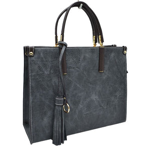 Dark Gray Large Shoulder Vegan Leather Tassel Handbag For Women. High quality Vegan Leather is a luxurious and durable, Stay organized in style with this square-shaped shopper tote bag that is fully two contrasting interior and exterior solid colors. This vegan leather handbag includes an on-trend removable tassel embellishment. Guaranteed, This will be your go-to handbag. 