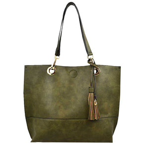 Dark Green 2 N 1 Womens Reversible Tote Shoulder Handbag. Handbag has plenty of room to fit all your items, also comes with a removable insert bag that doubles as lining to the bag, or can be removed and worn as a crossbody bag. Great for different activities including quick getaways, long weekends, picnics, beach or even to go to the gym!  Easy to carry with you in your hands or around your shoulders. This 2 in 1 tote bag is just what the boss lady needs!