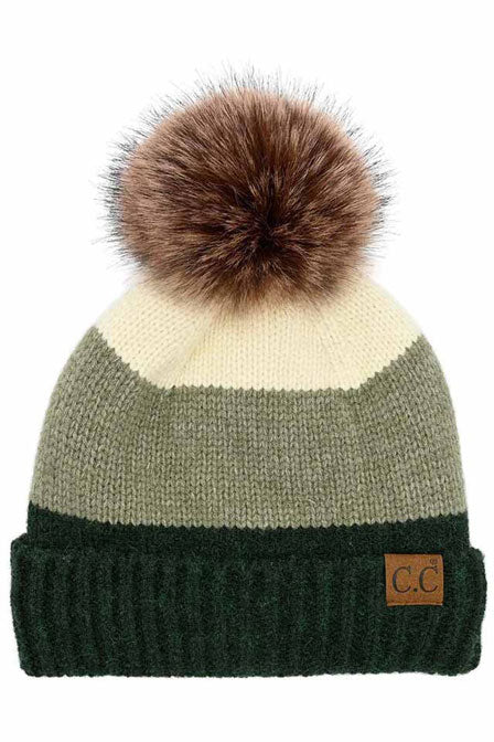 Dark Green C.C Multi Color Block Stripes Pom Beanie, wear it before running out the door into the cool air to keep yourself warm and toasty and look absolutely beautiful. You’ll want to reach for this toasty beanie to keep you incredibly warm everywhere and every occasion. Accessorize the fun way with this pom hat. It's the autumnal touch you need to finish your outfit in style.