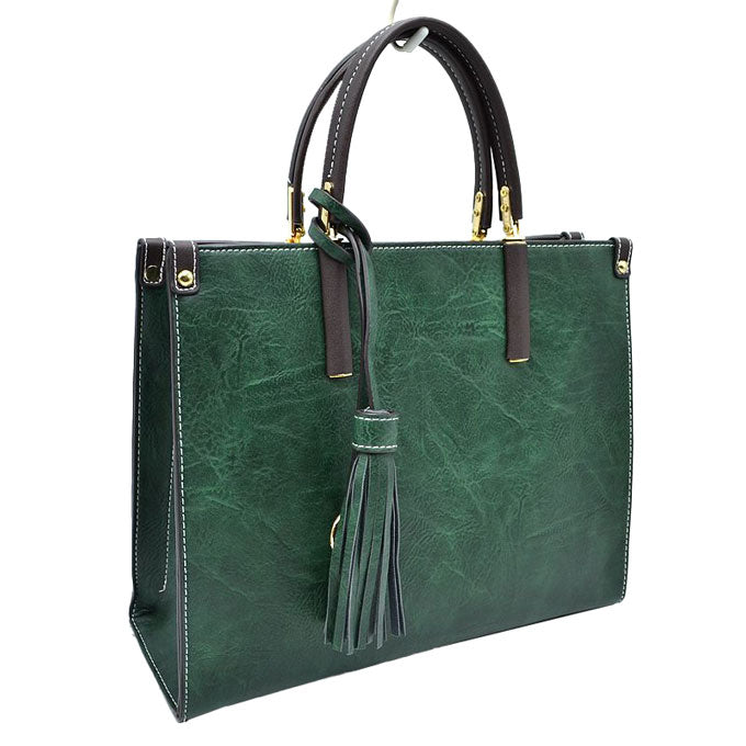 Dark Green Large Shoulder Vegan Leather Tassel Handbag For Women. High quality Vegan Leather is a luxurious and durable, Stay organized in style with this square-shaped shopper tote bag that is fully two contrasting interior and exterior solid colors. This vegan leather handbag includes an on-trend removable tassel embellishment. Guaranteed, This will be your go-to handbag. 