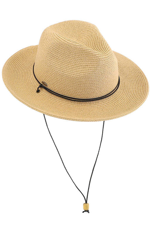 Dark Natural C.C Chin Strap Straw Panama Hat. Keep your styles on even when you are relaxing at the pool or playing at the beach. Large, comfortable, and perfect for keeping the sun off of your face, neck, and shoulders Perfect summer, beach accessory. Ideal for travelers who are on vacation or just spending some time in the great outdoors.