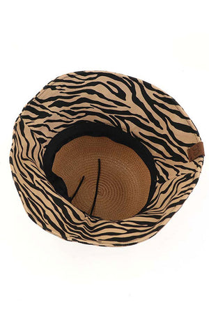 Dark Natural C.C Zebra Print Cloche Straw Bucket Hat. Keep your styles on even when you are relaxing at the pool or playing at the beach. Large, comfortable, and perfect for keeping the sun off of your face, neck, and shoulders Perfect summer, beach accessory. Ideal for travelers who are on vacation or just spending some time in the great outdoors.